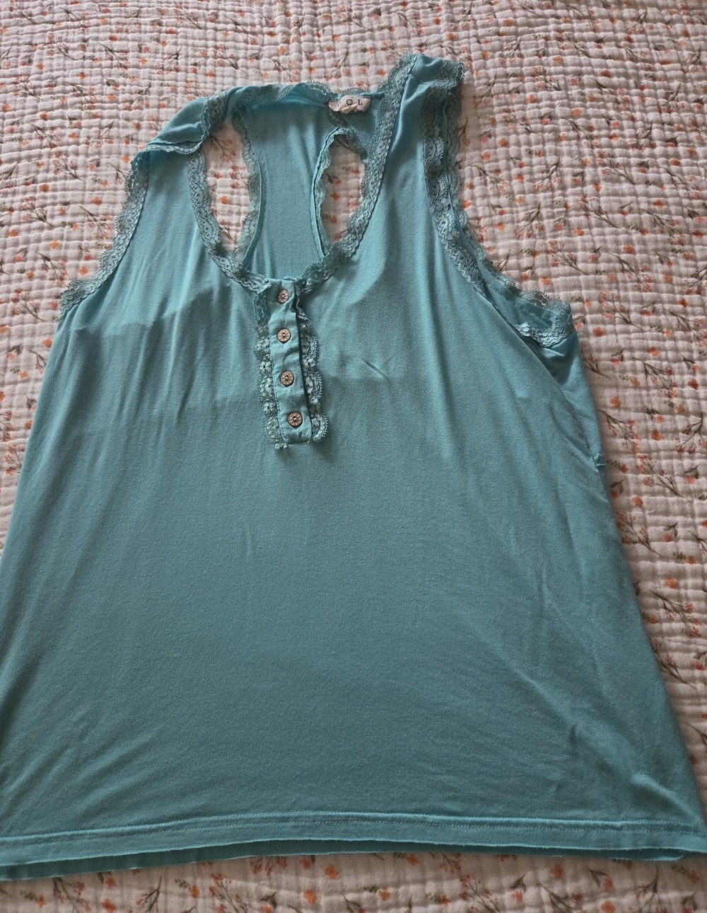 POL Light Teal Lace-Trim Sleeveless Tank with Button Placket